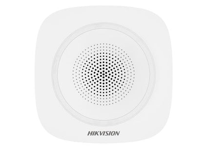 Sirena inalámbrica Hikvision DS-PS1-I-WB vista frontal con indicador LED para sistemas de alarma interior