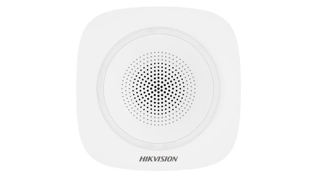 Sirena inalámbrica Hikvision DS-PS1-I-WB vista frontal con indicador LED para sistemas de alarma interior