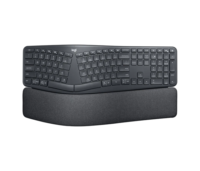 Teclado Ergonómico Logitech K860 vista frontal completa con diseño curvo y descansa muñecas
