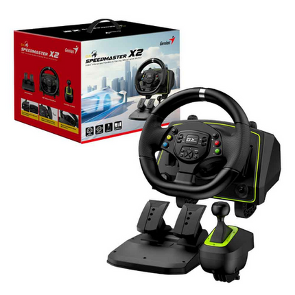 Volante con Pedales Genius RS2 Speedmaster X2 | Compatible PC | Xbox | PlayStation | Retroalimentación de Vibración | Diseño Ergonómico