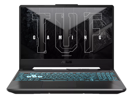Laptop gaming ASUS TUF A15 FA506NC vista frontal con pantalla encendida
