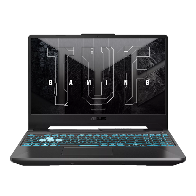 Laptop gaming ASUS TUF A15 FA506NC vista frontal con pantalla encendida