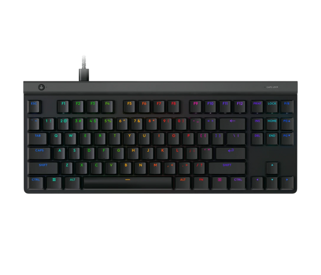 Teclado gaming Logitech G515 TKL mecánico con iluminación RGB multicolor vista frontal completa