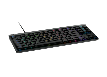 Vista lateral del teclado gaming Logitech G515 TKL mostrando perfil bajo y estructura de aluminio