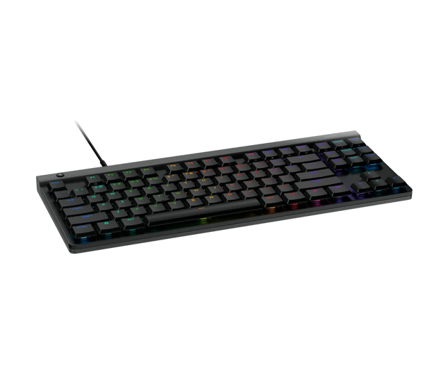 Vista lateral del teclado gaming Logitech G515 TKL mostrando perfil bajo y estructura de aluminio