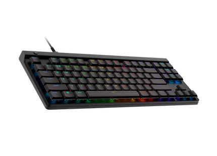 Detalle de teclas mecánicas del Logitech G515 TKL con retroiluminación RGB LIGHTSYNC activada