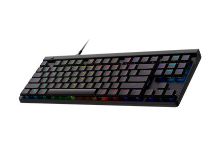 Teclado Logitech G515 TKL formato compacto sin teclado numérico, vista superior con efectos de luz
