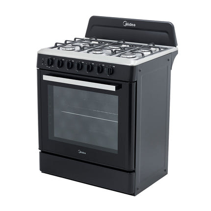 Midea Cocina a gas 30 pulgadas negra 6 quemadores capelo air fryer parrillas de hierro fundido MGS30FS1LEAMSS
