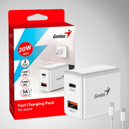 Cargador de Pared Genius PD-20ACP | USB-C Power Delivery | 20W | Carga Rápida | Blanco