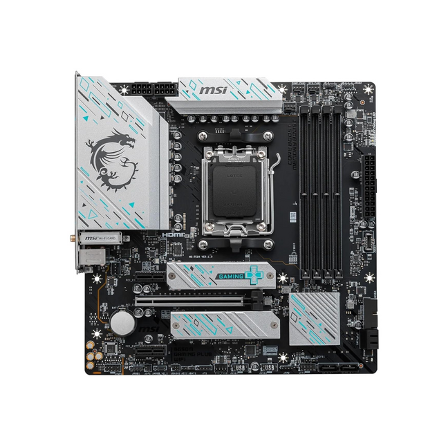 Tarjeta madre MSI B650M Gaming WiFi vista frontal completa con socket AM5 y slots DDR5