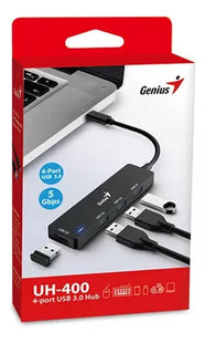 HUB Genius RS2 UH-400 | 4 Puertos USB 2.0 | Alámbrico | Compacto y portátil | Color Negro