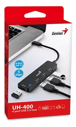 HUB Genius RS2 UH-400 | 4 Puertos USB 2.0 | Alámbrico | Compacto y portátil | Color Negro