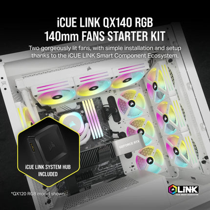 Abanico Corsair QX140 140mm RGB PWM | iCUE | Hub Incluido | Blanco | CO-9051008-WW