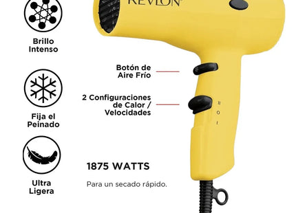 Secadora Style and Go 1875W Revlon Amarilla | Para secar tu cabello con potencia y estilo en cualquier lugar