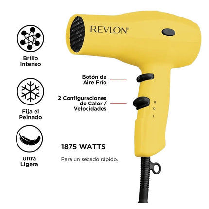 Secadora Style and Go 1875W Revlon Amarilla | Para secar tu cabello con potencia y estilo en cualquier lugar