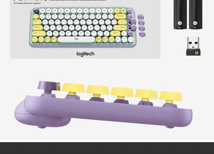 Teclado Logitech Pop Keys vista trasera con logo Logitech y especificaciones