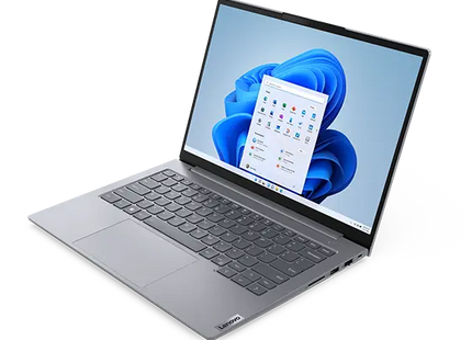 Lenovo ThinkBook 14 Gen 6, vista frontal derecha con tapa abierta y menú de Windows