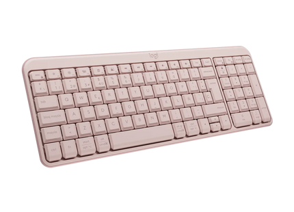 Vista lateral del teclado Logitech K250 mostrando diseño compacto