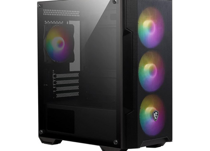Case Gaming MSI MAG Forge M100A vista frontal con panel de vidrio templado y iluminación RGB