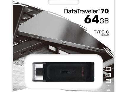 Memoria USB Kingston DataTraveler 70 | 64GB | USB-C 3.2 Gen 1 | Diseño Compacto | DT70/64GB