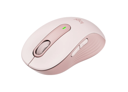 Mouse Logitech M650 en ángulo mostrando perfil ergonómico y botones laterales