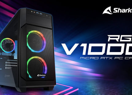 Case Sharkoon V1000 RGB Media Torre | Micro-ATX | Vidrio Templado | 3 Ventiladores RGB | Negro