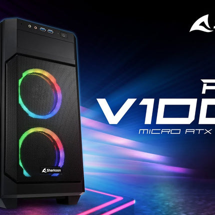 Case Sharkoon V1000 RGB Media Torre | Micro-ATX | Vidrio Templado | 3 Ventiladores RGB | Negro