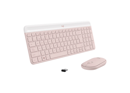 Vista superior del combo Logitech MK470 mostrando distribución de teclas en inglés color rosa