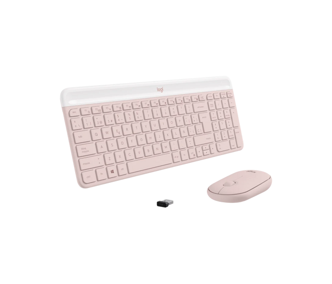 Vista superior del combo Logitech MK470 mostrando distribución de teclas en inglés color rosa