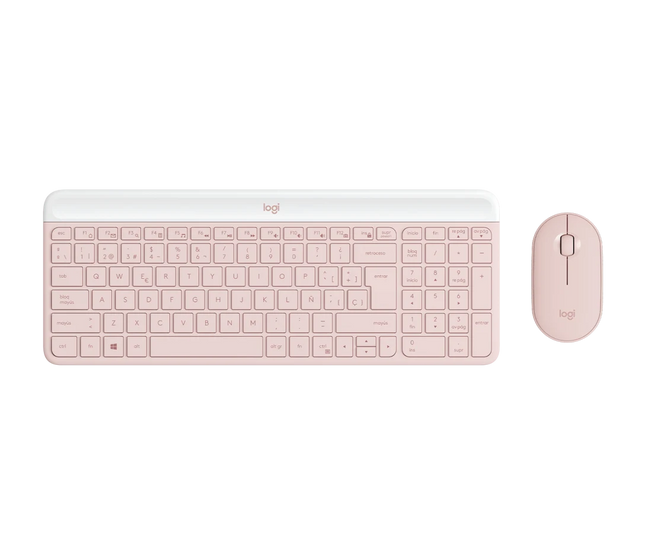 Teclado y mouse Logitech MK470 color rose sobre fondo blanco vista frontal completa