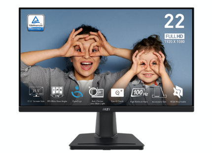 Monitor MSI PRO MP225 21.5 pulgadas vista frontal con pantalla encendida mostrando resolución Full HD