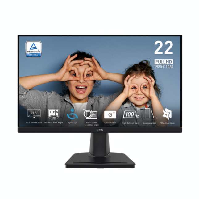 Monitor MSI PRO MP225 21.5 pulgadas vista frontal con pantalla encendida mostrando resolución Full HD