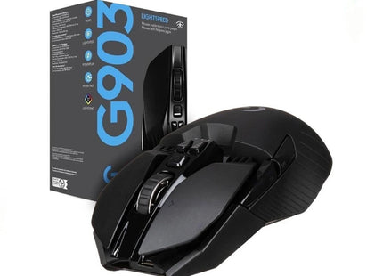 Logitech G903 HERO con receptor USB Lightspeed y cable de carga sobre fondo blanco
