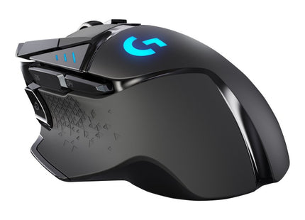 Mouse gaming Logitech G502 Lightspeed vista lateral izquierda con iluminación RGB