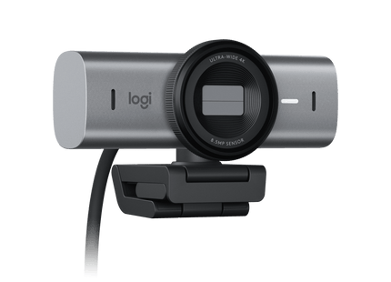 Cámara Logitech MX Brio vista posterior con detalles técnicos