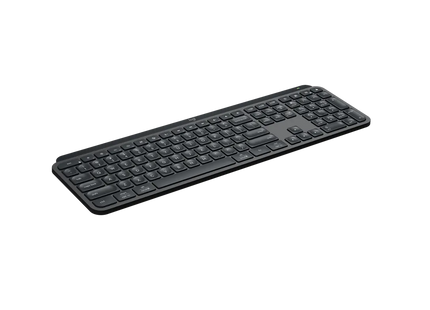 Vista lateral del teclado Logitech MX Keys S mostrando perfil bajo y diseño ergonómico