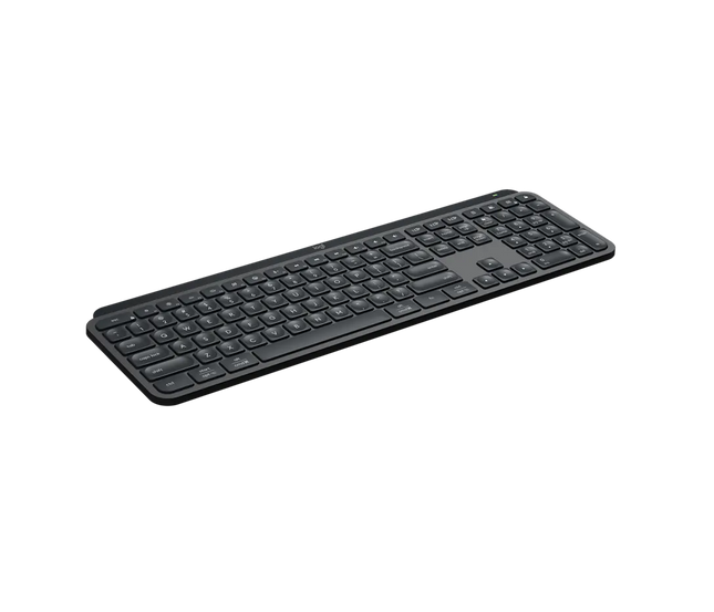 Vista lateral del teclado Logitech MX Keys S mostrando perfil bajo y diseño ergonómico