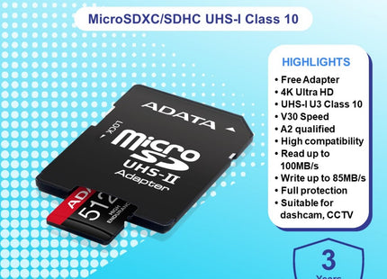 Memoria MicroSDXC ADATA High Endurance | 512GB | Clase 10 | UHS-I U3 | V30 | A2 | 100/85 MB/s | Con Adaptador SD