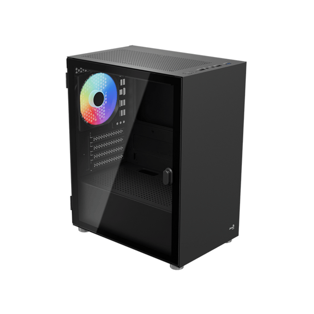 Case Gaming AeroCool CS-111-G-BK-V2 | Mini Torre ATX | Panel Lateral de Vidrio Templado | 3 Ventiladores FRGB | Negro