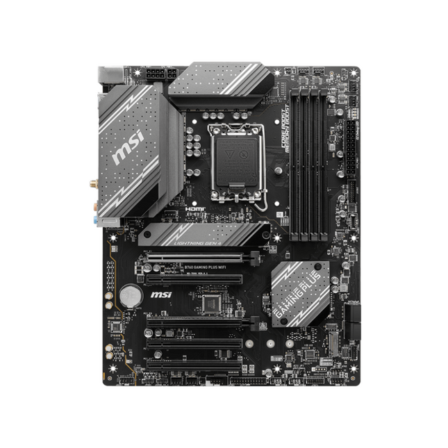 Tarjeta Madre MSI B760 Gaming Plus WiFi vista frontal completa con socket LGA1700