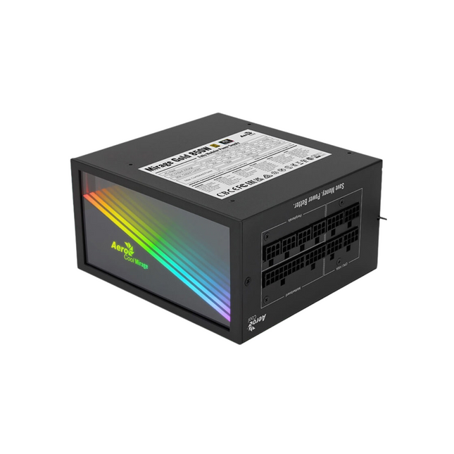 Fuente de Poder AeroCool Mirage Gold 850W con placa base RGB iluminada vista frontal
