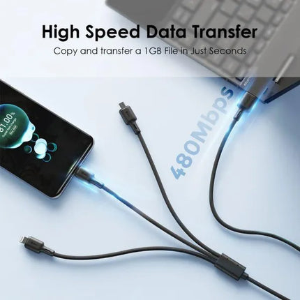 Cable 3 en 1 Oraimo Dura Line 3 | USB-A a Micro-USB | USB-C | Lightning | 1.2M | OCD-X93
