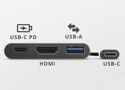 Hub Trust Dalyx 23772 en uso conectado a MacBook con accesorios USB y HDMI