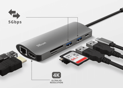 Hub Trust Dalyx  USB-C 7 en 1 HDMI + Gigabit Ethernet + SD/microSD + 2x USB-A+ USB-C 100W, 23775