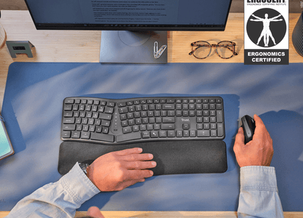 Empaque completo teclado Trust Keyra ergonómico certificación ErgoCert