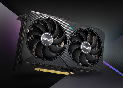 GPU ASUS Dual RTX 3060 vista completa en ángulo 45 grados