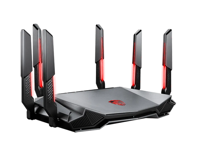 Puerto trasero Router MSI Radix AXE6600 con conexiones ethernet y USB