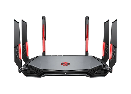 Router Gaming MSI AXE6600 vista lateral mostrando antenas tri-band