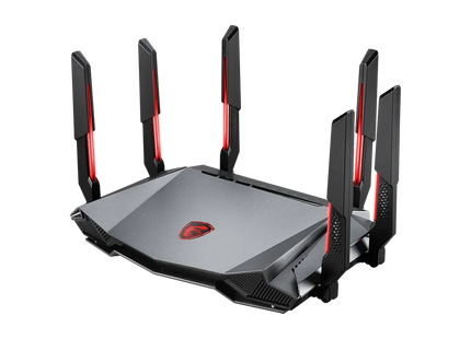 Panel superior Router MSI Radix AXE6600 con indicadores LED de estado