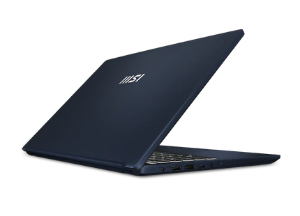 Vista trasera laptop MSI Modern 15 cerrada con logo MSI y acabado elegante